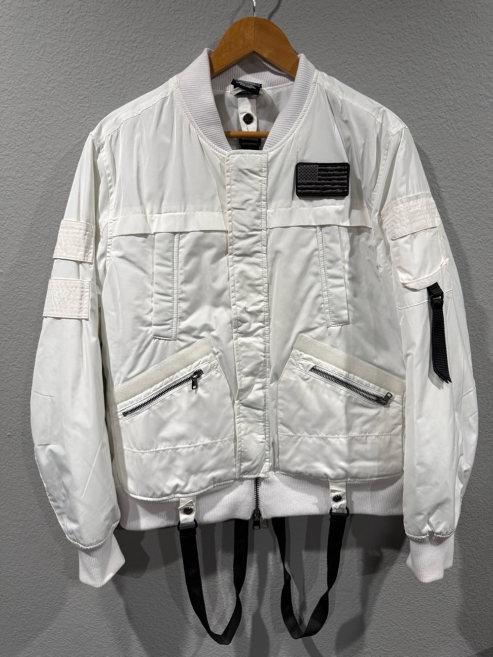 Men's White Bomber Jacket with Strap Details